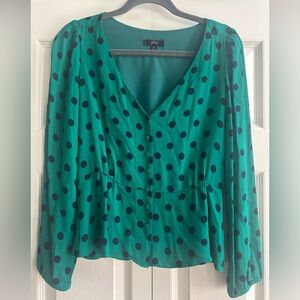 J.CREW Blouse Size 4 Green Navy Polka Dot Long Sleeve Peplum Top St Patrick’s